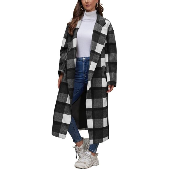 Women's Black Plaid Wool Coat Shacket Jacket Laple Button Down Trench Coats - Picture 1 of 6